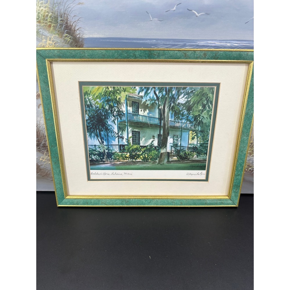 Wayne La Com Baldwin Home Lahaina Maui Art Print Teal Gold Frame 18x15